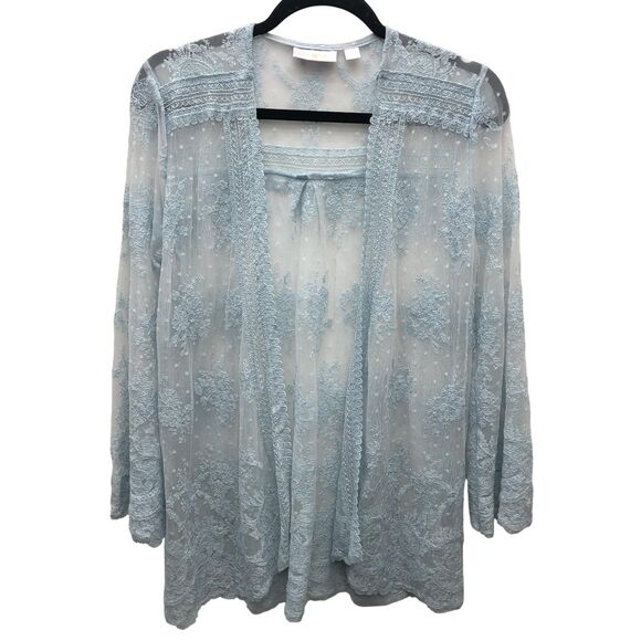 Belle Kim Gravel Lace Womens Small Blue Sheer Embroidered Duster Fairy Boho - Picture 1 of 10